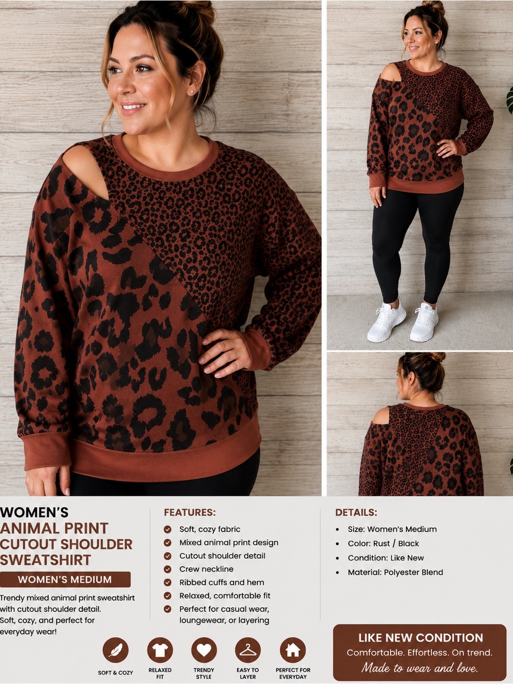 Women's  Victoria’s Secret Rust Black Animal Print Cutout Shoulder Sweatshirt